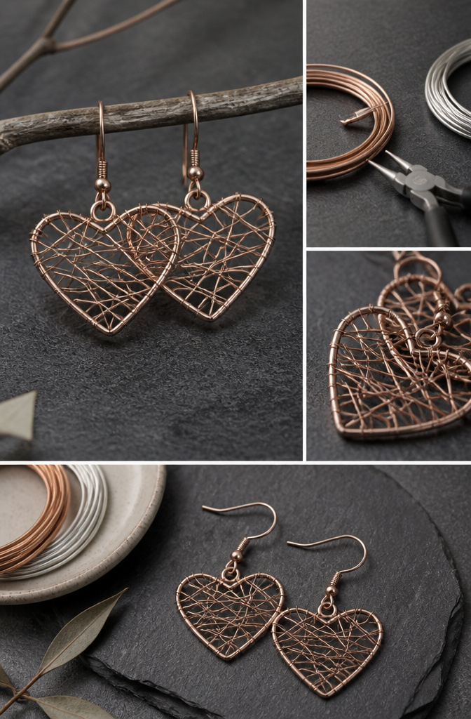 Easy Wire Jewelry: Patterns and Tutorials for Beginners 14 A pair of heart-shaped earrings with a filled design.