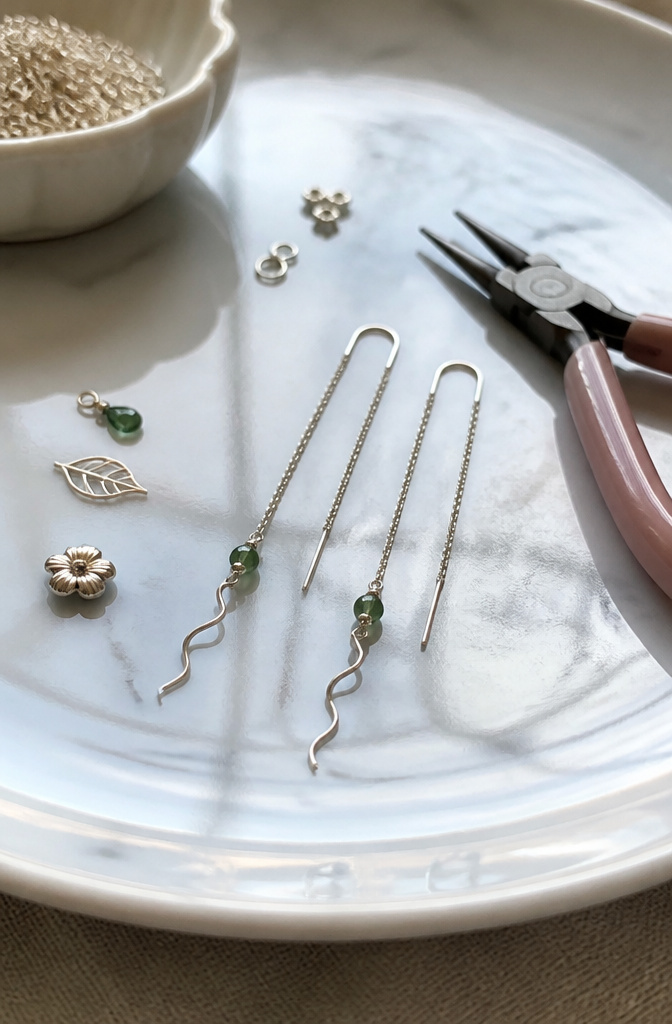 Easy Wire Jewelry: Patterns and Tutorials for Beginners 17 A pair of threader earrings hanging on a surface.