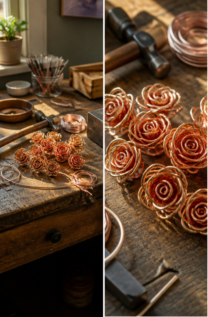 Easy Wire Jewelry: Patterns and Tutorials for Beginners 4 A collection of wire roses in various stages of completion.