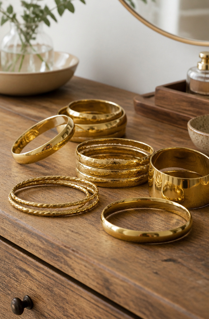 Gold Colored Bracelets: Styles, Materials and Care 1 Elegant gold-colored bangles arranged on a wooden surface.