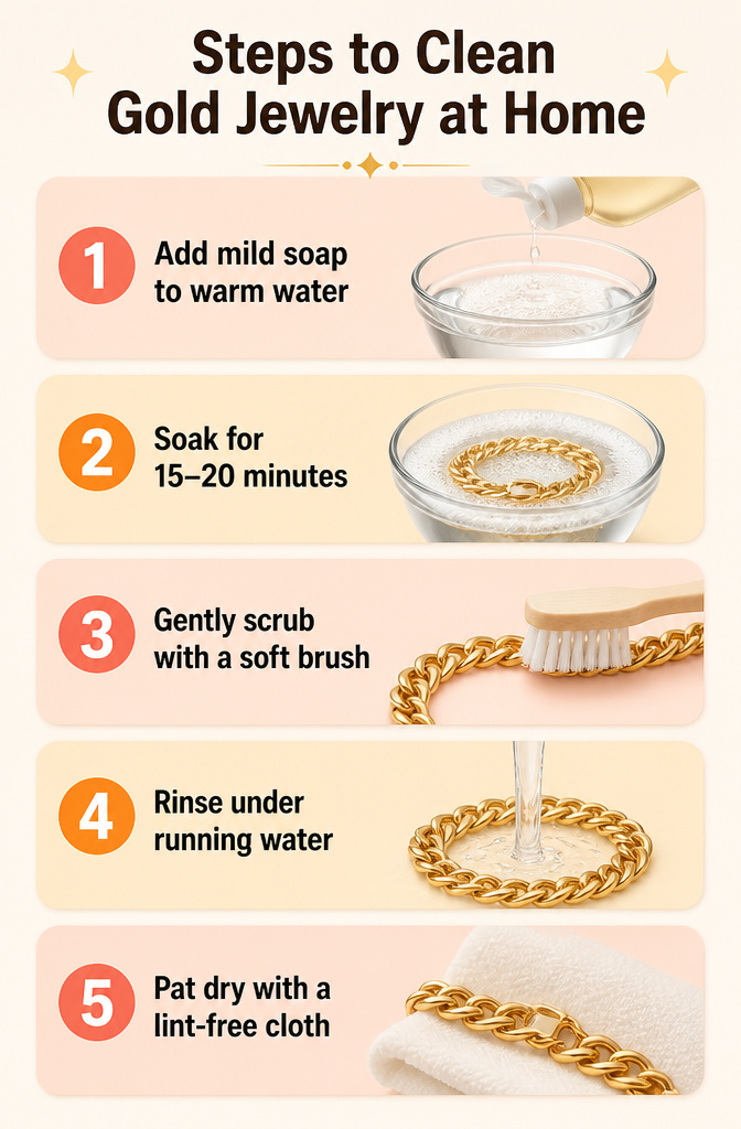 Gold Colored Bracelets: Styles, Materials and Care 14 An image showing steps to clean gold jewelry at home.