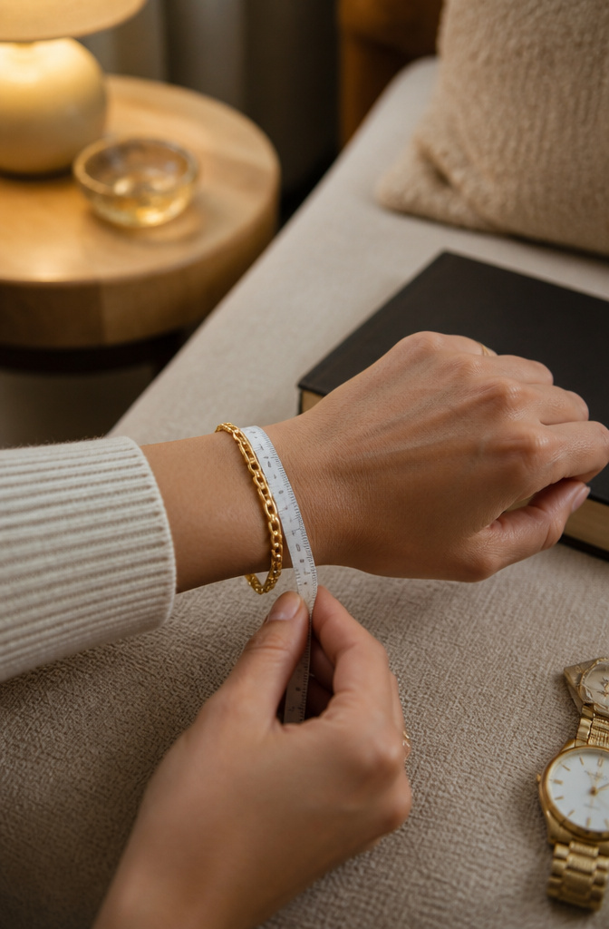 Gold Colored Bracelets: Styles, Materials and Care 16 A gold bracelet resting on a wrist next to a measuring tape.