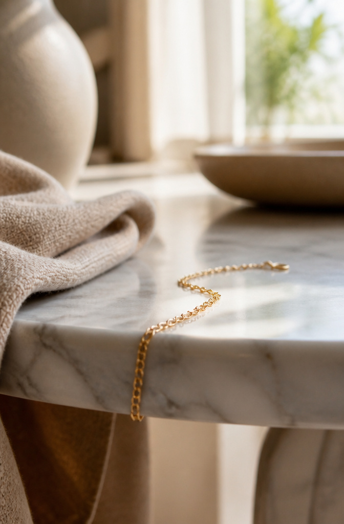 Gold Colored Bracelets: Styles, Materials and Care 2 A gold-colored chain bracelet resting over a marble table.