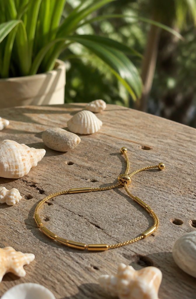 Gold Colored Bracelets: Styles, Materials and Care 3 A bolo bracelet with sliding clasp and beads on a handcrafted table.
