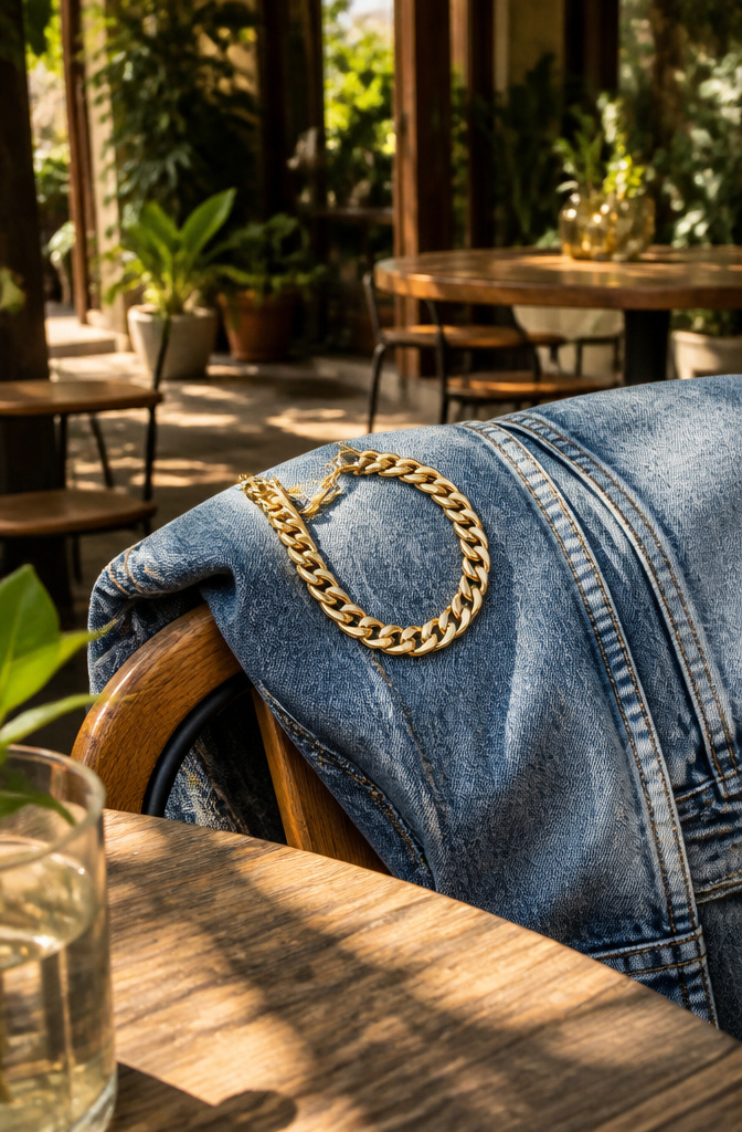 Gold Colored Bracelets: Styles, Materials and Care 5 A curb link bracelet resting on a weathered denim jacket.