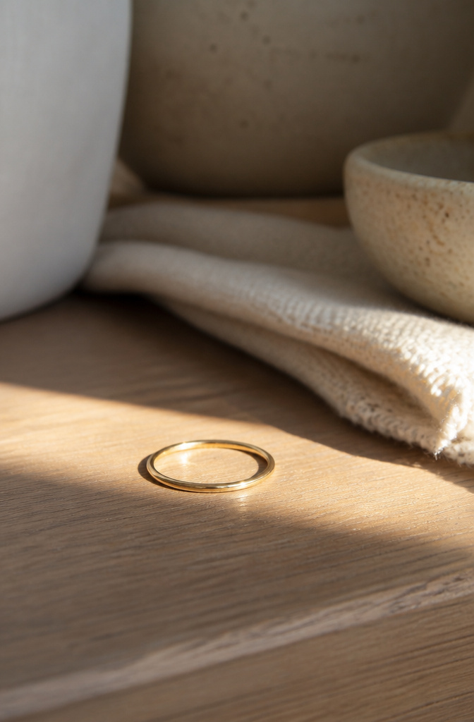 Gold Jewelry Stack: Rings, Bands & Layering Styles 2026 1 A delicate 1.5mm round band in 14k yellow gold on wood.