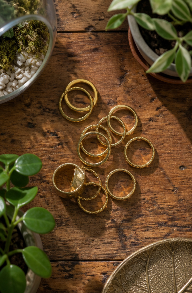 Gold Jewelry Stack: Rings, Bands & Layering Styles 2026 10 Different textured gold rings arranged together in a stack.
