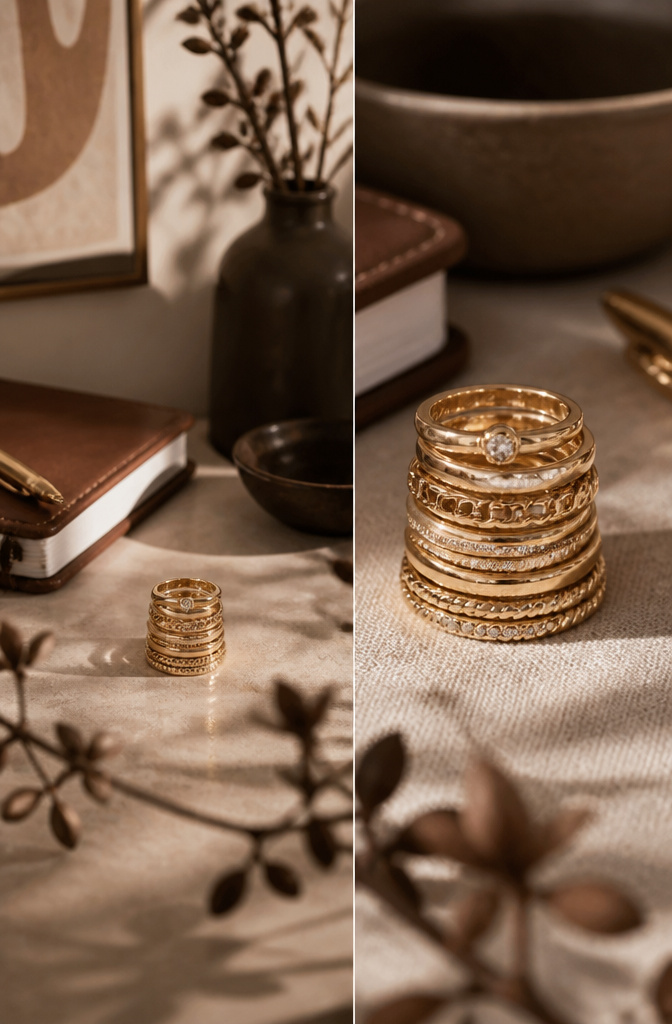 Gold Jewelry Stack: Rings, Bands & Layering Styles 2026 11 A layered stack of rings representing personal milestones.