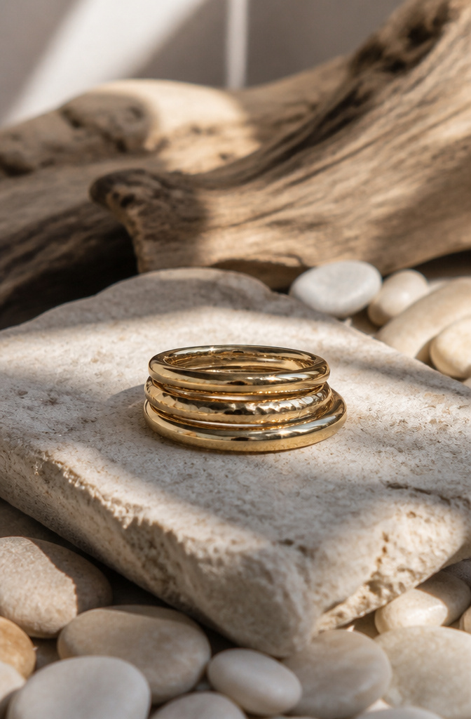 Gold Jewelry Stack: Rings, Bands & Layering Styles 2026 2 A hammered gold band on a textured stone background.