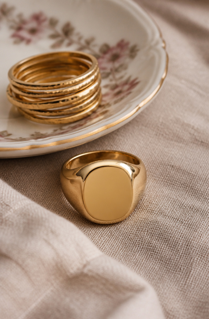 Gold Jewelry Stack: Rings, Bands & Layering Styles 2026 3 A signet ring with a flat face in a gold jewelry stack.