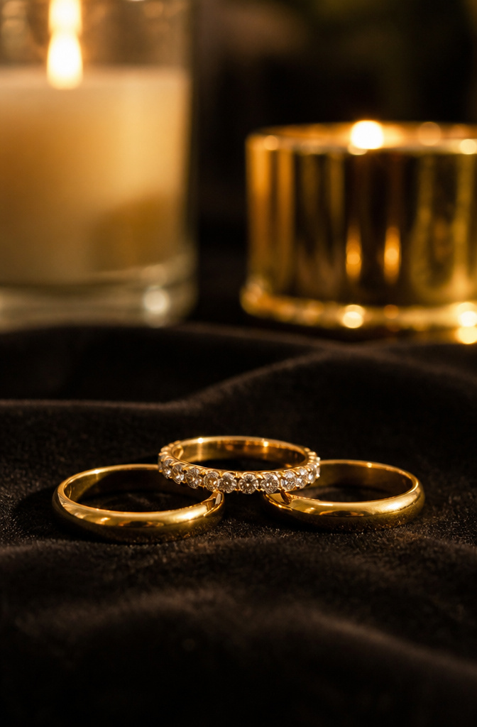 Gold Jewelry Stack: Rings, Bands & Layering Styles 2026 4 A diamond band in a gold jewelry stack reflecting light.