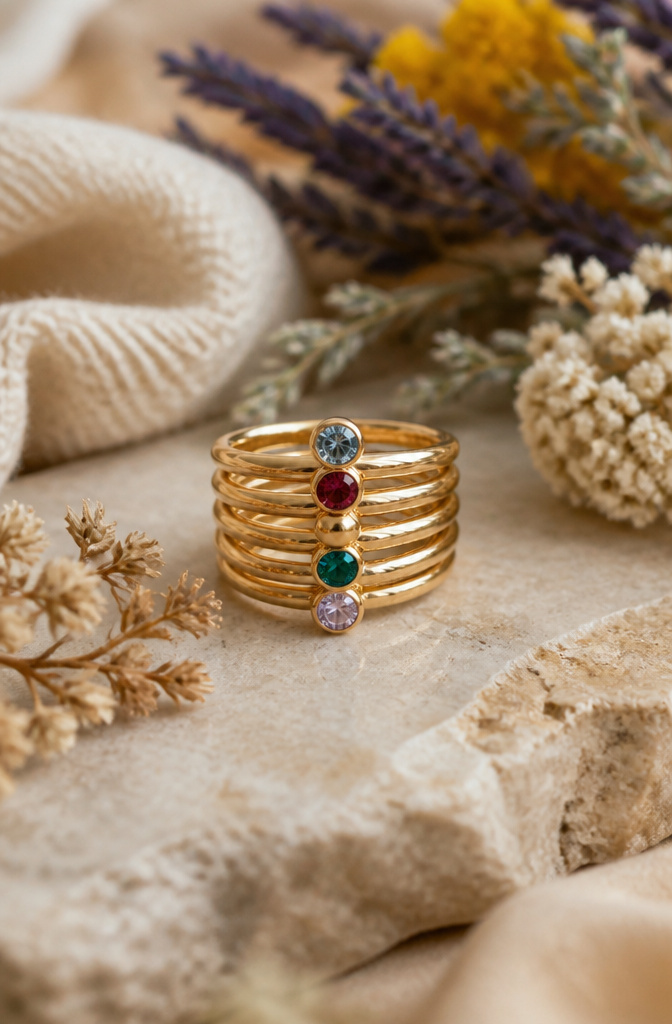 Gold Jewelry Stack: Rings, Bands & Layering Styles 2026 9 Multiple birthstone rings arranged in a gold jewelry stack.