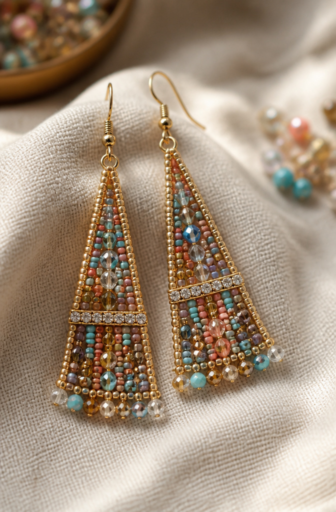 12 Handmade Jewelry Ideas to Try in 2026 10 A pair of beaded earrings in trapeze style on a flat surface.