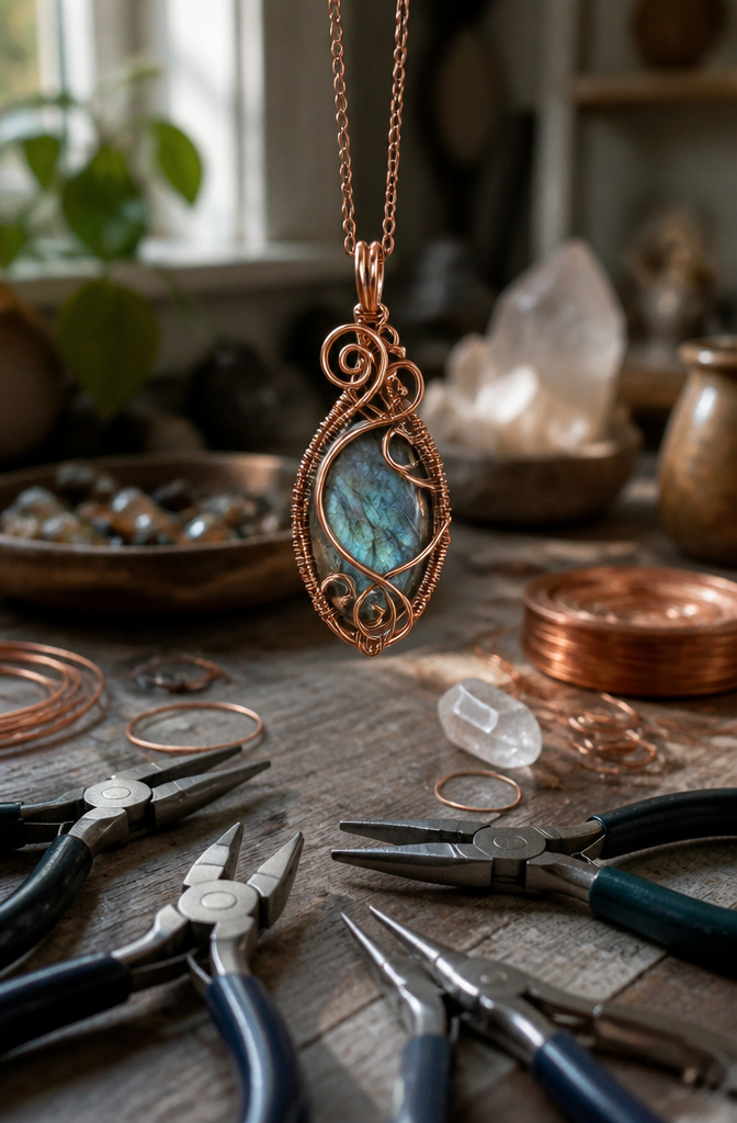 12 Handmade Jewelry Ideas to Try in 2026 2 A wire-wrapped pendant showcasing a gemstone on a blurred background.