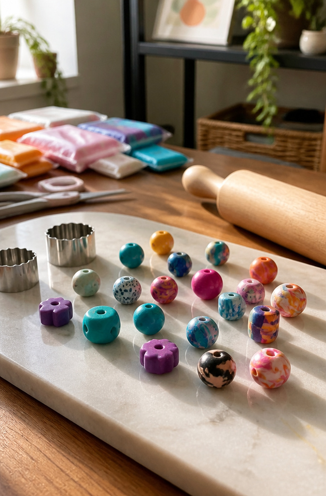12 Handmade Jewelry Ideas to Try in 2026 5 Colorful polymer clay beads arranged on a marble slab.