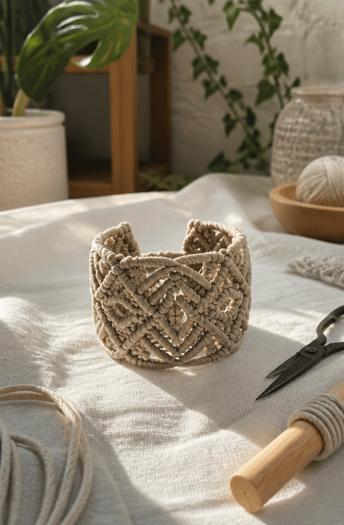 12 Handmade Jewelry Ideas to Try in 2026 9 Macrame cuff bracelet showcasing complex knotting patterns.
