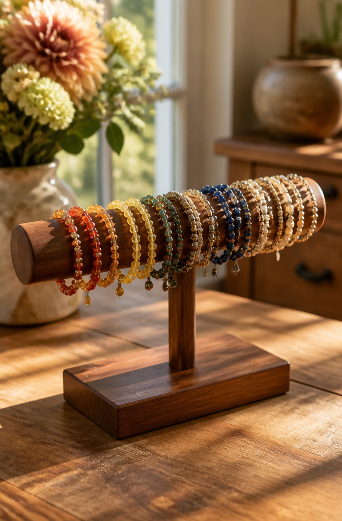 How to Display Bracelets for Home, Travel, and Selling 1 A T-bar stand displaying several bracelets in a neat arrangement.