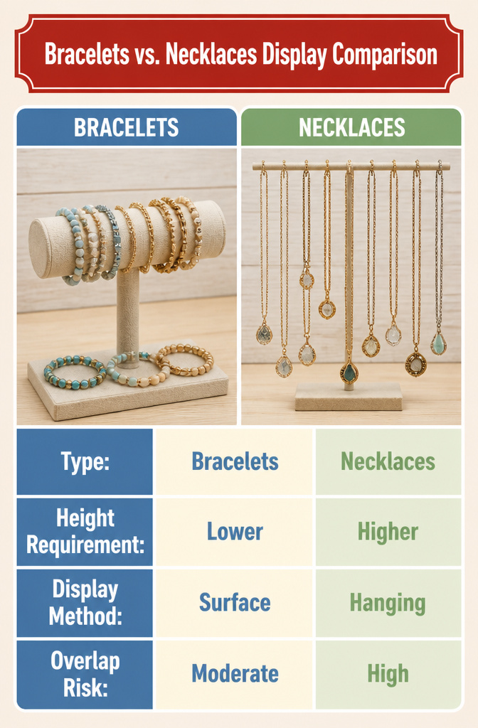How to Display Bracelets for Home, Travel, and Selling 18 A display stand holding both bracelets and necklaces together.