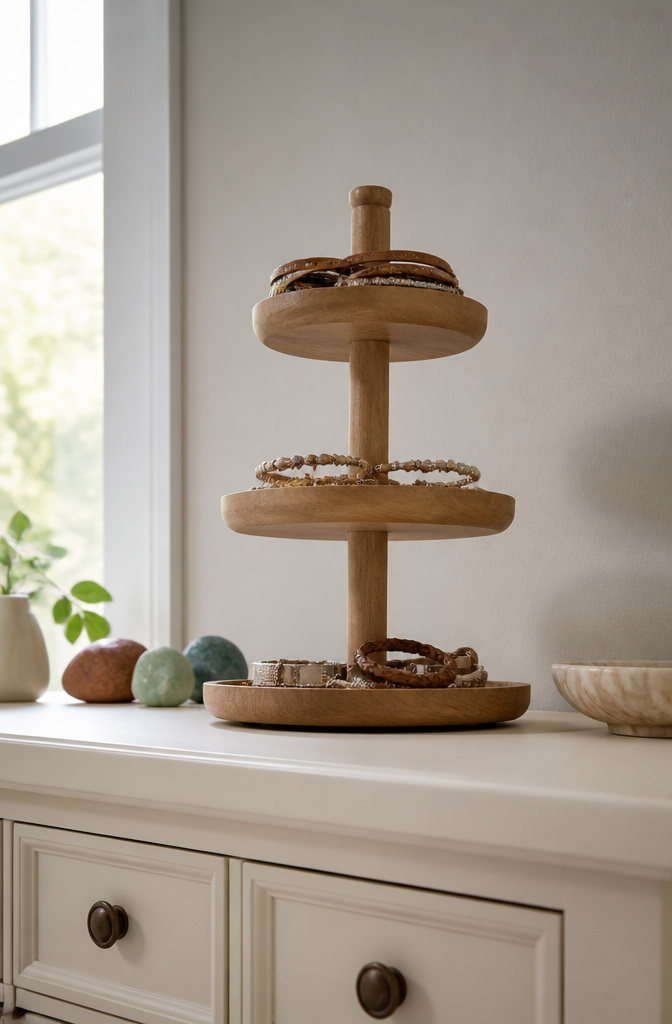How to Display Bracelets for Home, Travel, and Selling 2 A tiered jewelry tower with various bracelets on each level.