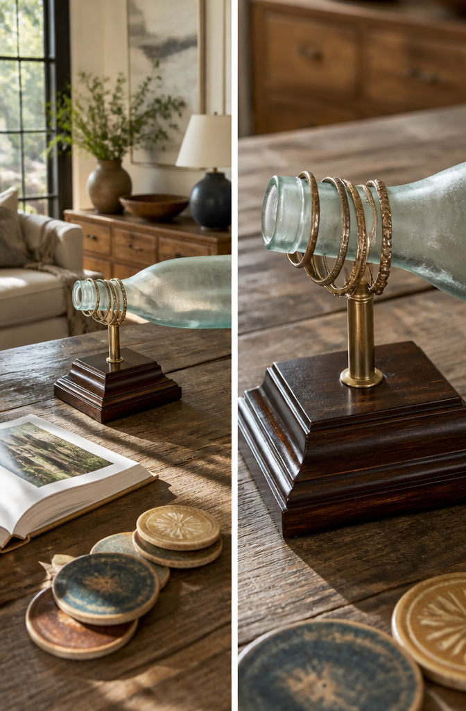 How to Display Bracelets for Home, Travel, and Selling 5 Wine bottles and a mug tree used to display bracelets creatively.