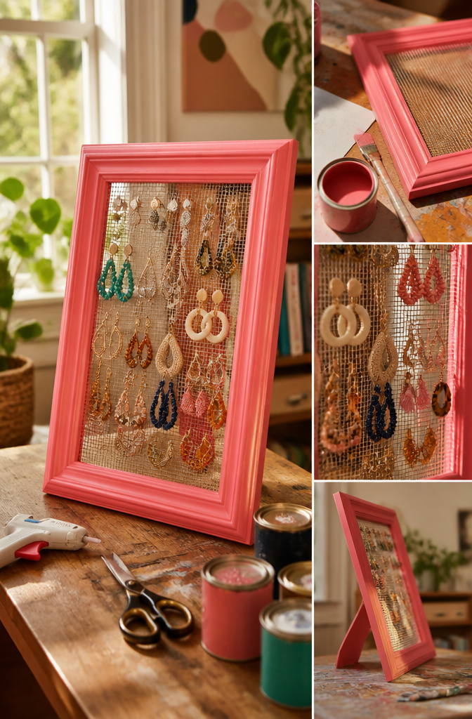 10 Earring Display Ideas: Creative Ways to Display Earrings in 2026 13 Thrifted picture frame with mesh backing holding earrings.