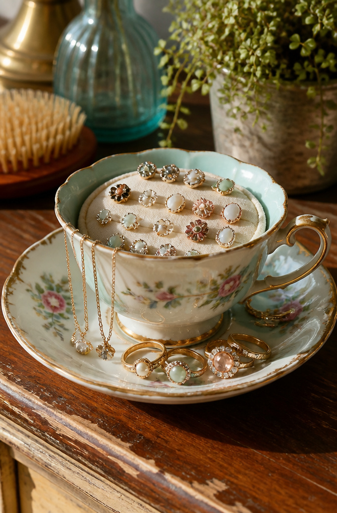 10 Earring Display Ideas: Creative Ways to Display Earrings in 2026 2 Chipped teacup and saucer holding stud earrings and chains.