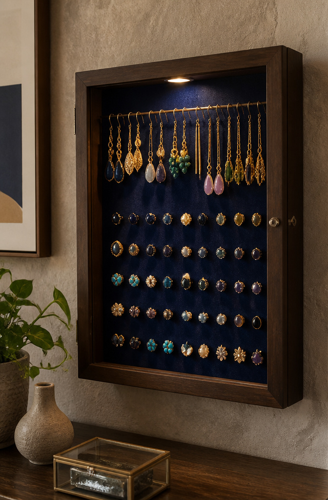 10 Earring Display Ideas: Creative Ways to Display Earrings in 2026 4 Shadow box filled with earrings displayed against a navy velvet background.