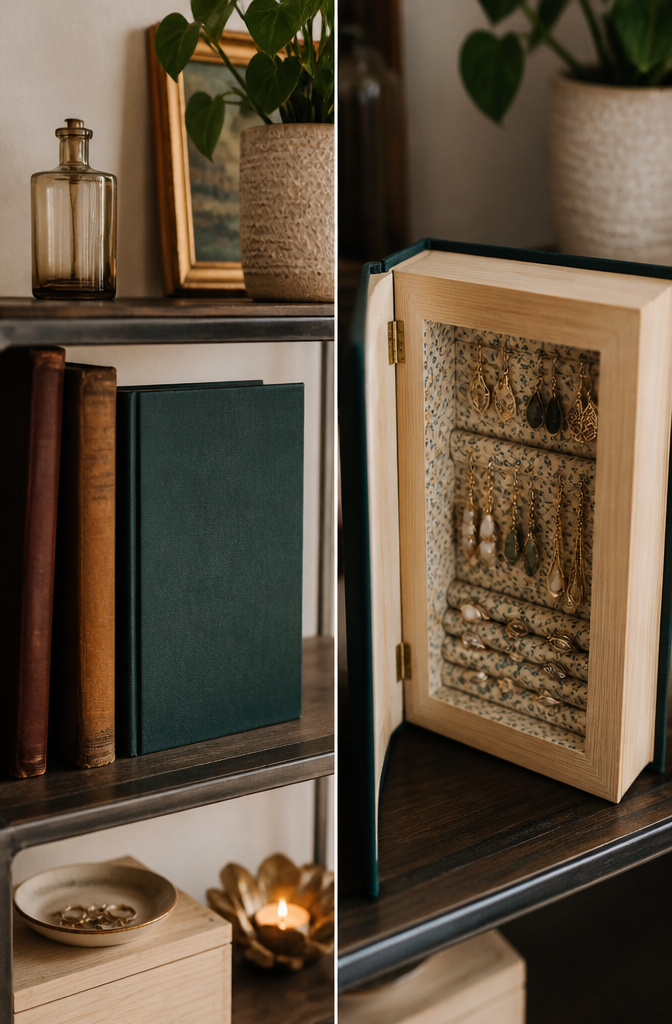 10 Earring Display Ideas: Creative Ways to Display Earrings in 2026 6 Hardcover book with cut pages creating a cavity for storing earrings.
