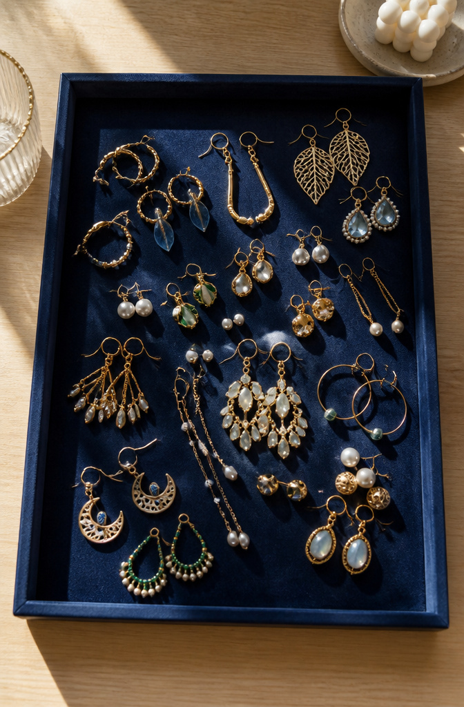 10 Earring Display Ideas: Creative Ways to Display Earrings in 2026 7 Tray lined with velvet holding various earrings on a dresser.