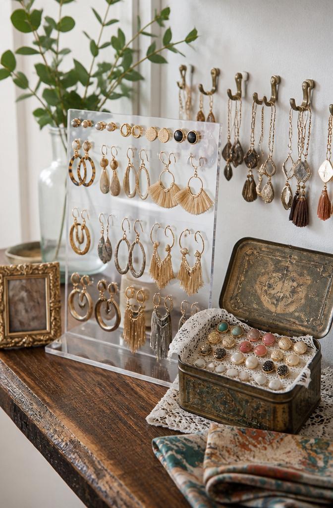 How to Organize Earrings: 6 Steps to Keep Pairs Tidy in 2026 4 Acrylic stands and trays displaying earrings for easy visibility.