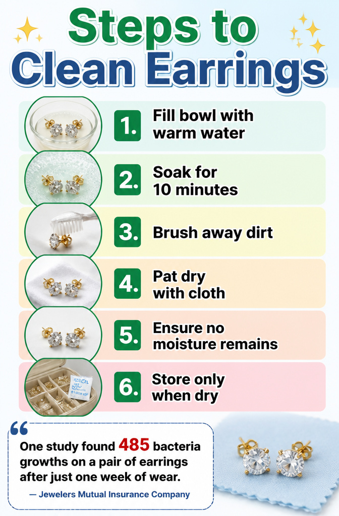 How to Organize Earrings: 6 Steps to Keep Pairs Tidy in 2026 5 Steps for cleaning earrings laid out in a clear format.