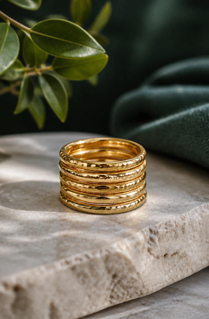 Modern Gold Plated Stackable Rings: 8 Styles to Layer 1 A display of gold plated stackable rings on a textured marble surface.