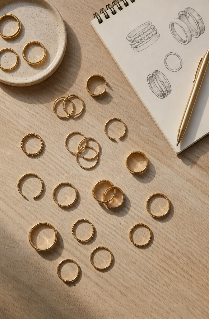 Modern Gold Plated Stackable Rings: 8 Styles to Layer 10 An arrangement of stackable rings displayed on a white surface.