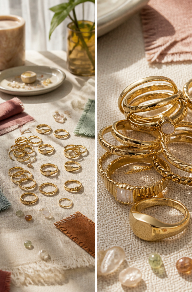 Modern Gold Plated Stackable Rings: 8 Styles to Layer 11 A collection of mixed stackable rings from various brands.