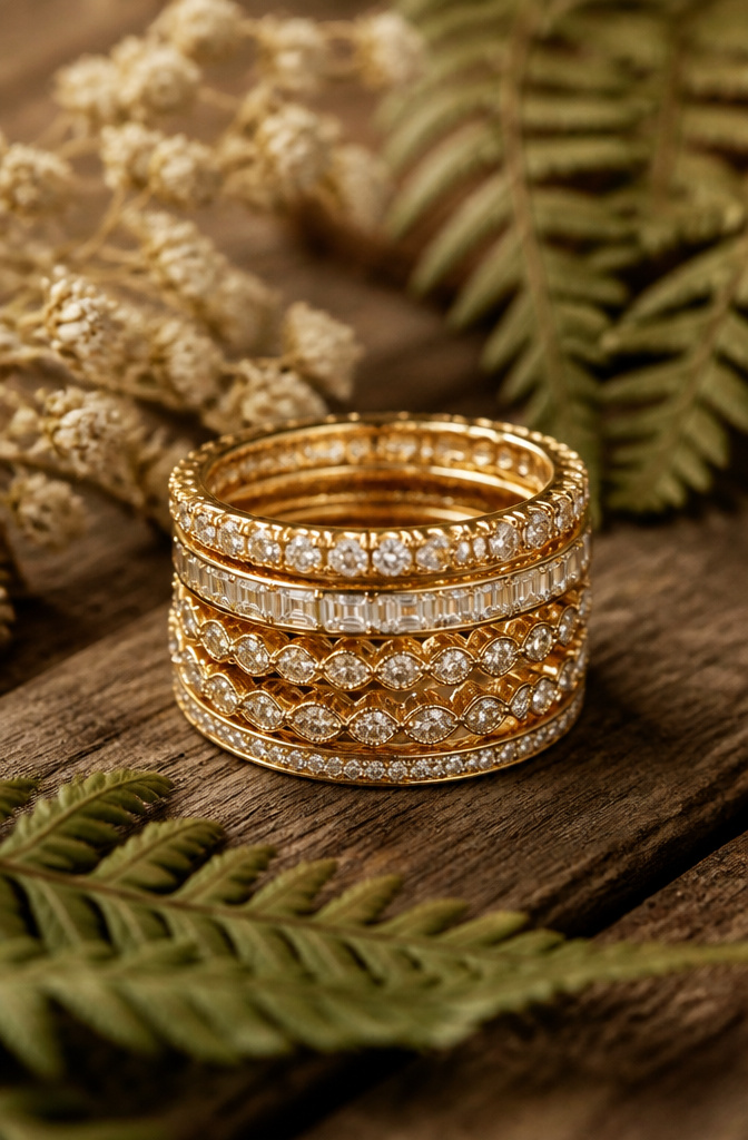 Modern Gold Plated Stackable Rings: 8 Styles to Layer 2 A photograph of stackable rings featuring slim bands with small diamonds.