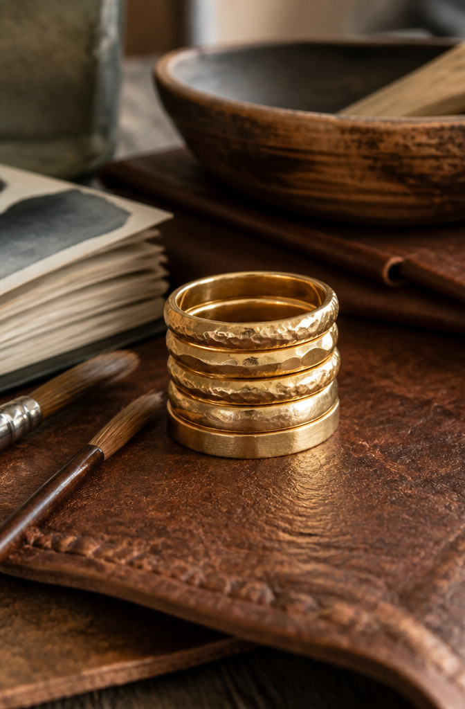 Modern Gold Plated Stackable Rings: 8 Styles to Layer 3 An arrangement of gold plated rings with various textures on a leather surface.