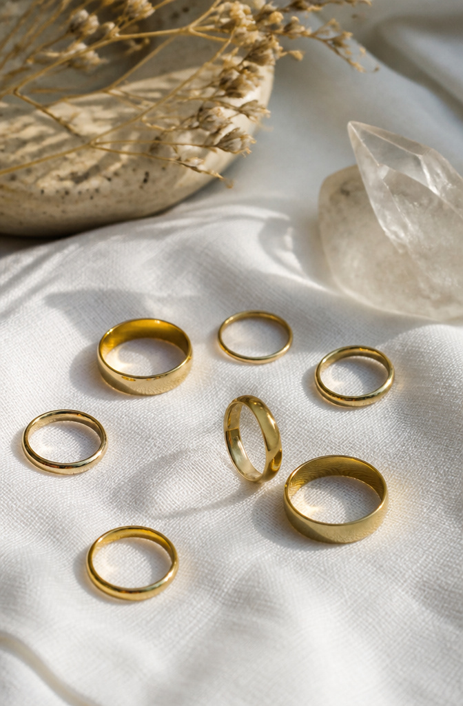 Modern Gold Plated Stackable Rings: 8 Styles to Layer 4 Plain gold plated stackable rings displayed on a bright white linen cloth.