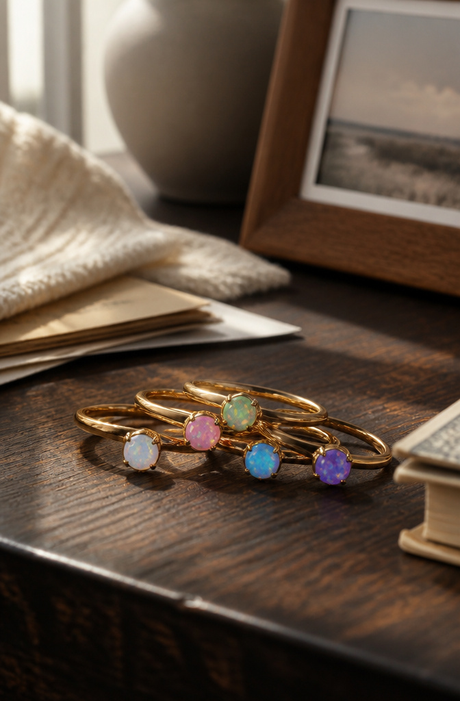 Modern Gold Plated Stackable Rings: 8 Styles to Layer 5 A gold plated ring featuring an opal birthstone displayed with other rings.