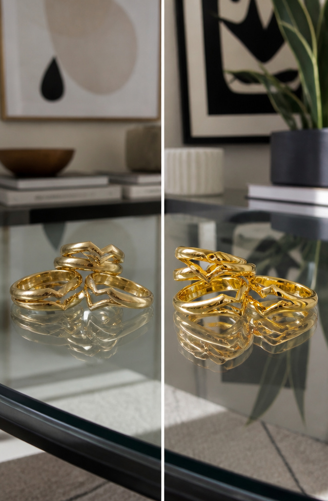 Modern Gold Plated Stackable Rings: 8 Styles to Layer 6 Gold plated curved and chevron bands arranged with other rings.