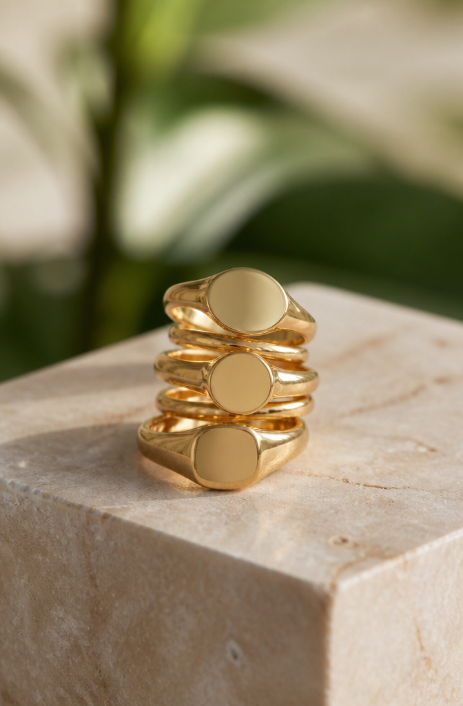Modern Gold Plated Stackable Rings: 8 Styles to Layer 7 A small oval signet ring displayed with other stackable rings.