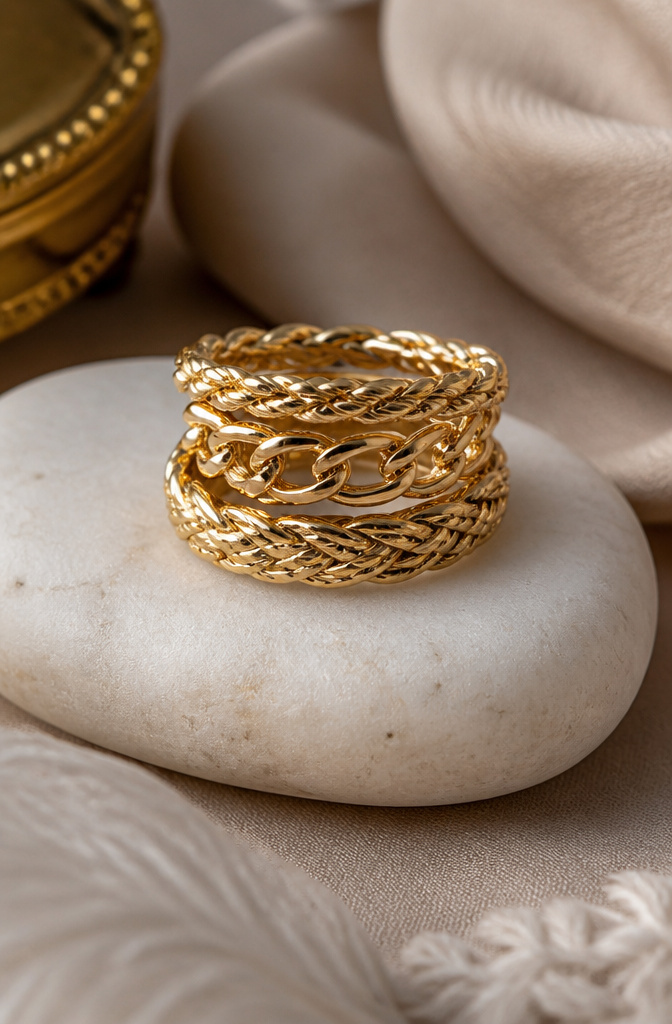 Modern Gold Plated Stackable Rings: 8 Styles to Layer 8 An arrangement of braided and chain stackable rings on a smooth stone.