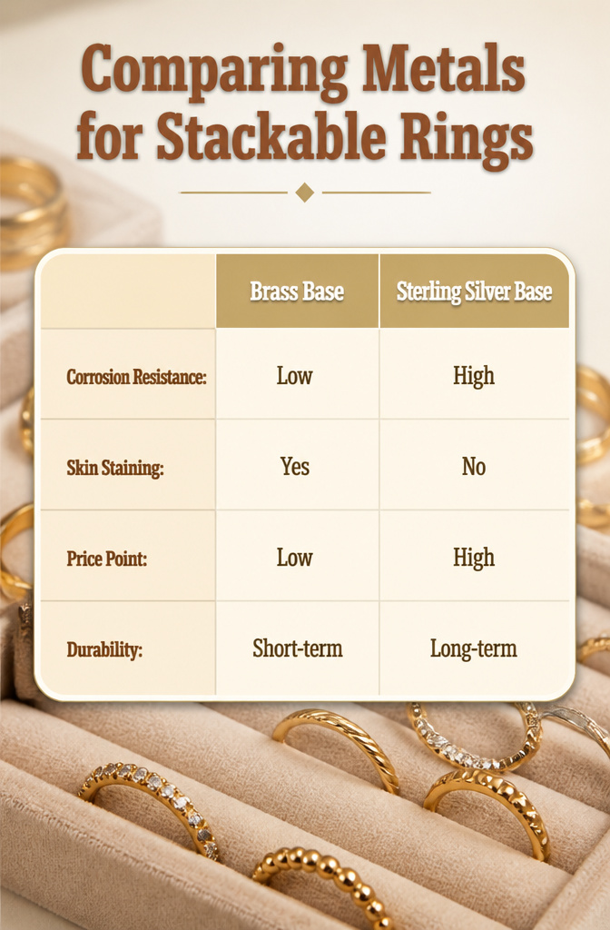 Modern Gold Plated Stackable Rings: 8 Styles to Layer 9 An information image comparing metals used for stackable rings.