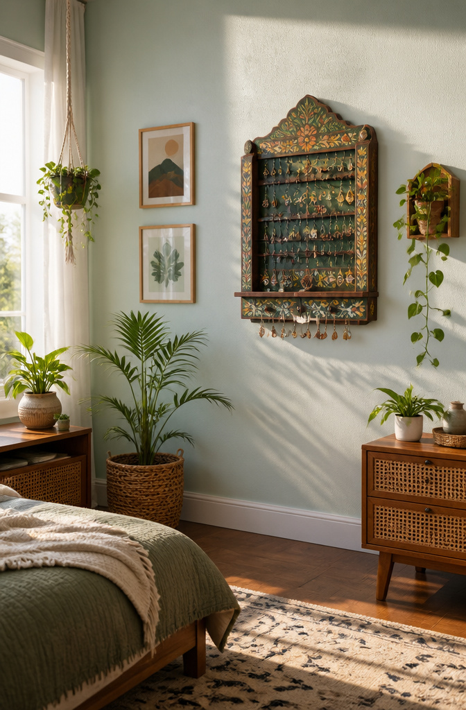 Ornate Hanging Earring Holder: Wall & Tabletop Jewelry Storage 3 Wall-mounted earring holder with a solid wood frame and fiberglass screen.
