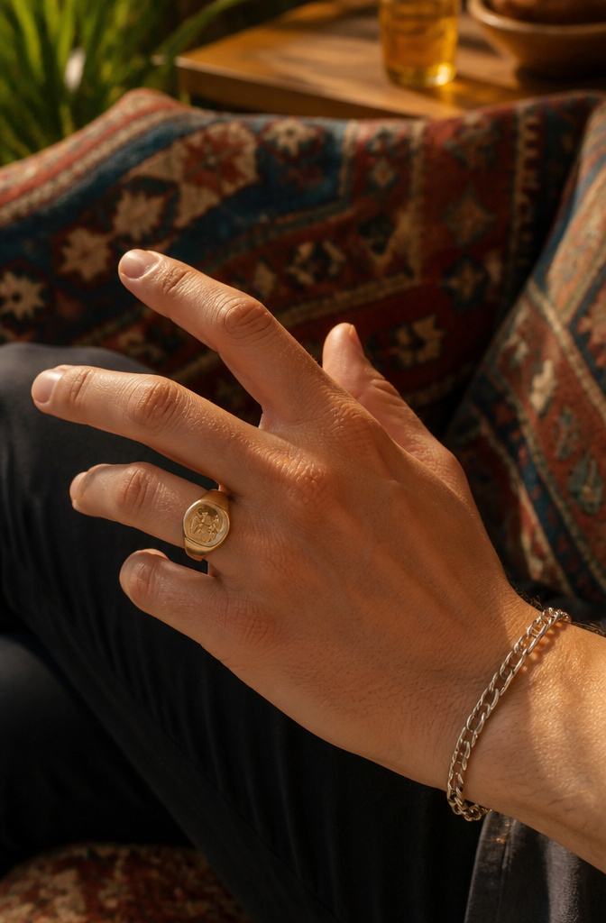 Rings on Fingers: Meanings by Finger and Cultural Origins 5 Close-up of a pinky ring with heritage engraving.