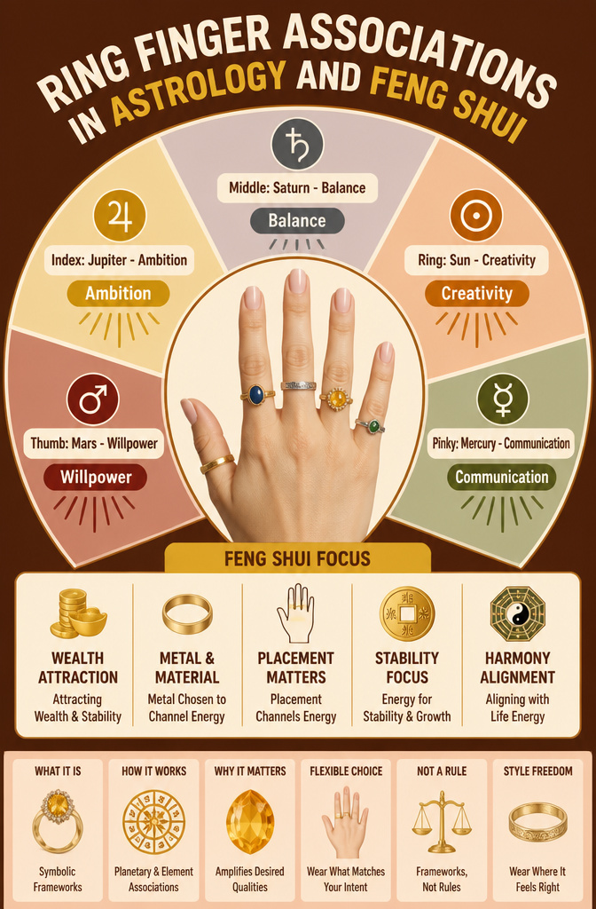 Rings on Fingers: Meanings by Finger and Cultural Origins 9 Illustration of ring finger associations in astrology and Feng Shui.