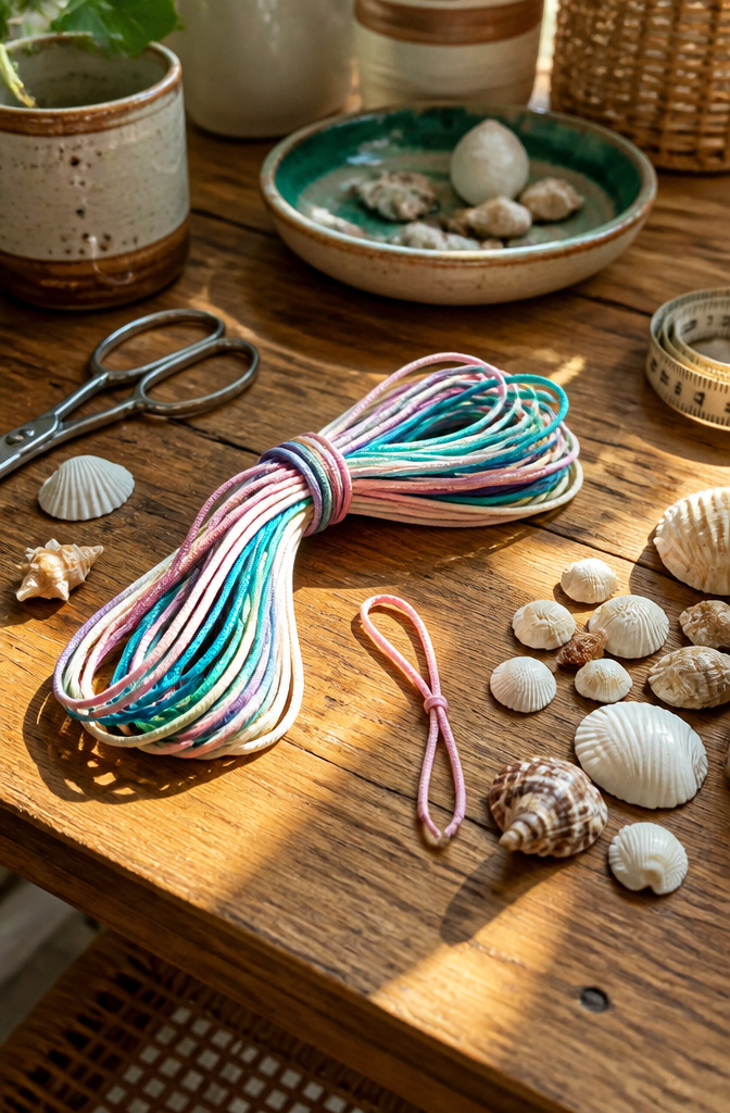 Shell Bracelet DIY: String, Drill or Glue Shells in 6 Steps 1 36-inch length of colorful elastic stretch cord on a workbench.