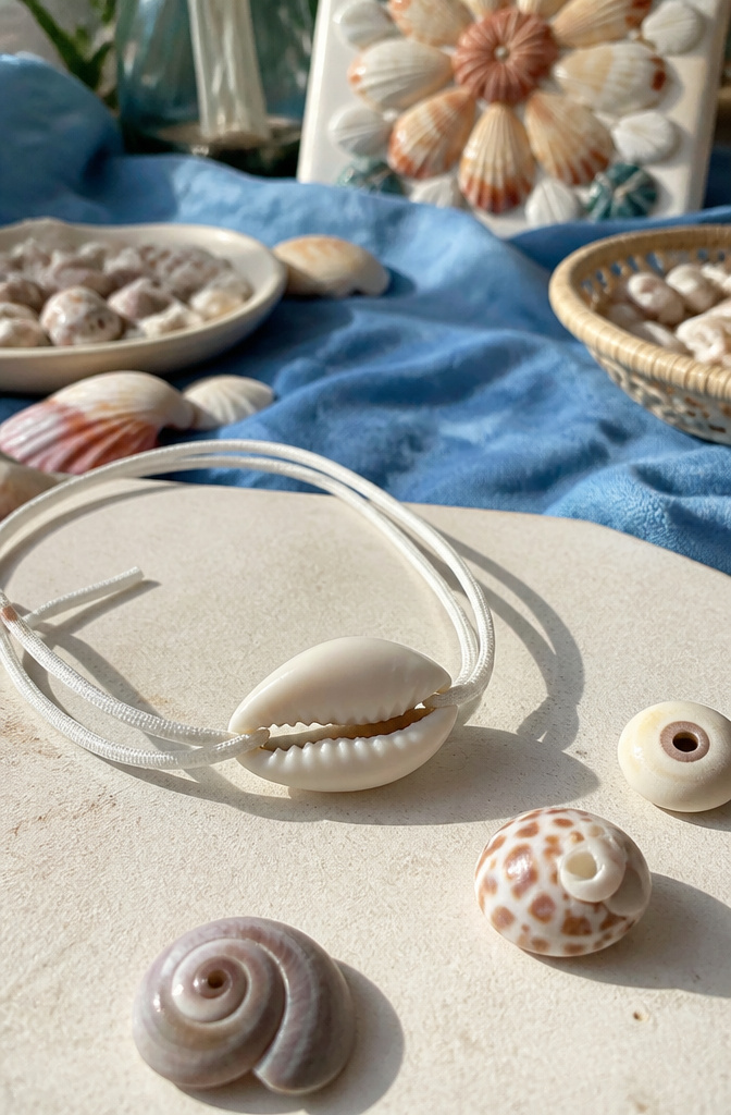 Shell Bracelet DIY: String, Drill or Glue Shells in 6 Steps 2 Close-up of a cowrie shell attached to elastic stretch cord.