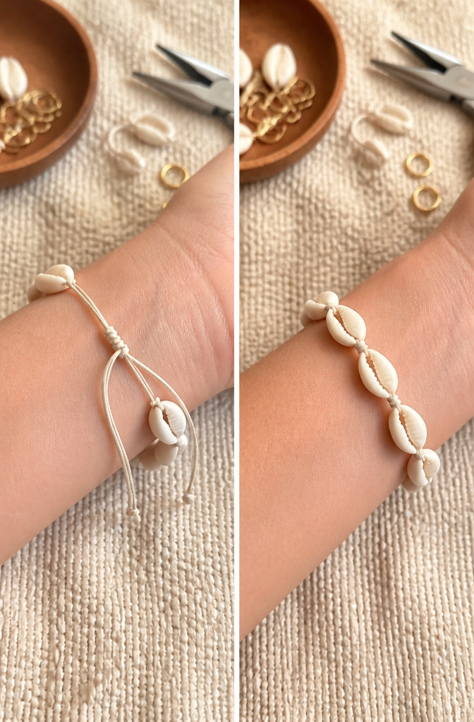 Shell Bracelet DIY: String, Drill or Glue Shells in 6 Steps 4 A sliding macramé knot with overlapping cord ends for a bracelet.