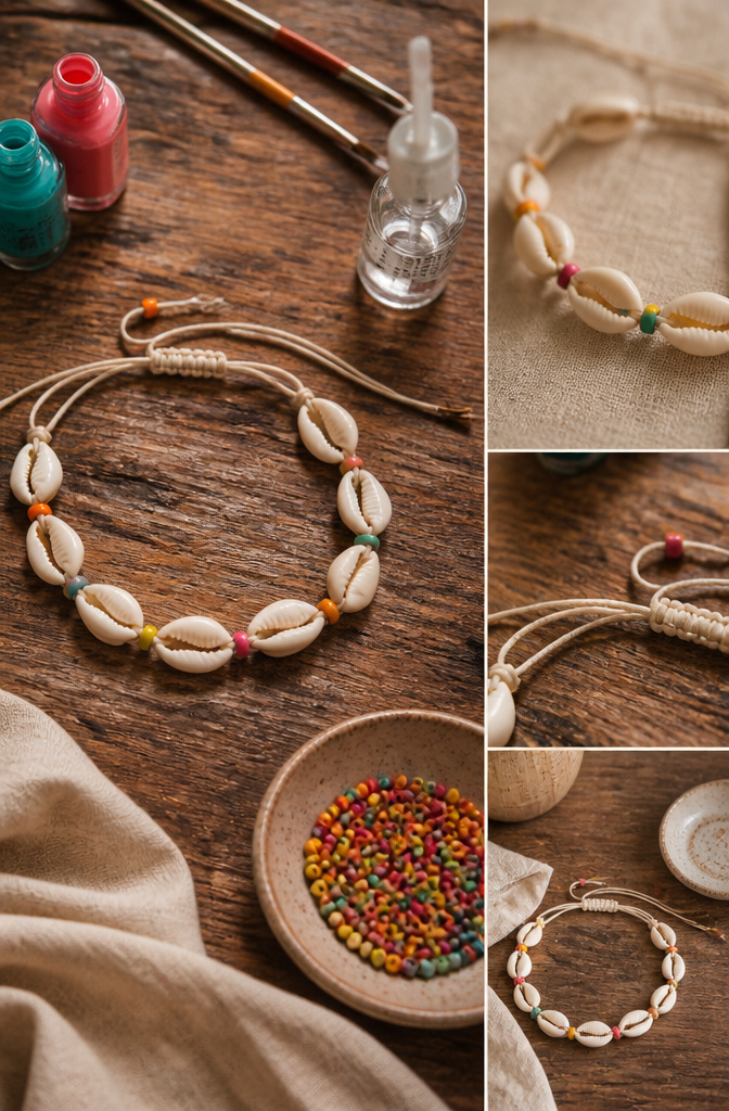 Shell Bracelet DIY: String, Drill or Glue Shells in 6 Steps 6 8/0 seed beads arranged between cowrie shells on a table.