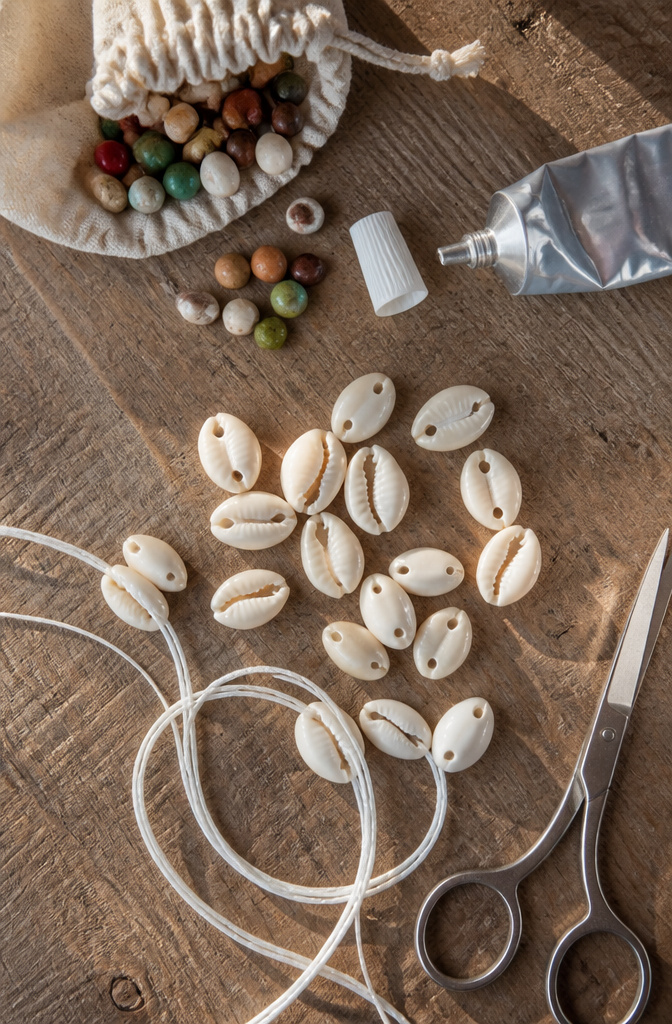 Shell Bracelet DIY: String, Drill or Glue Shells in 6 Steps 7 Cowrie shells with natural holes for easy stringing.